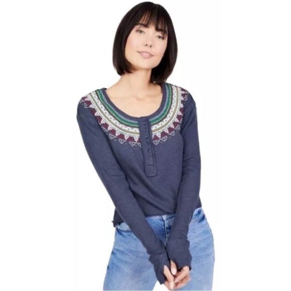 Free People Fair Isle Embroidered Thermal Henley Long Sleeve Top - Picture 1 of 9